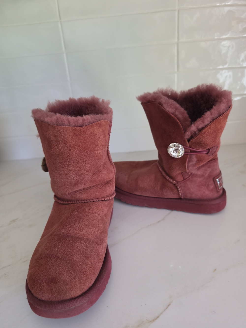 UGG Bailey Button Bling Boots Rose Pink/Purple Women’s Size 7 Swarovski Crystal